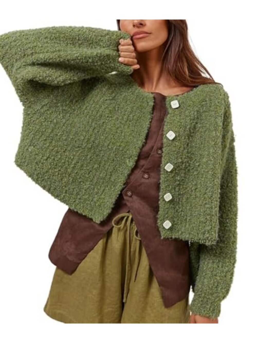 Chunky Knit Open Front Button Down Cardigan Sweater Lantern Sleeve Cropped Women
